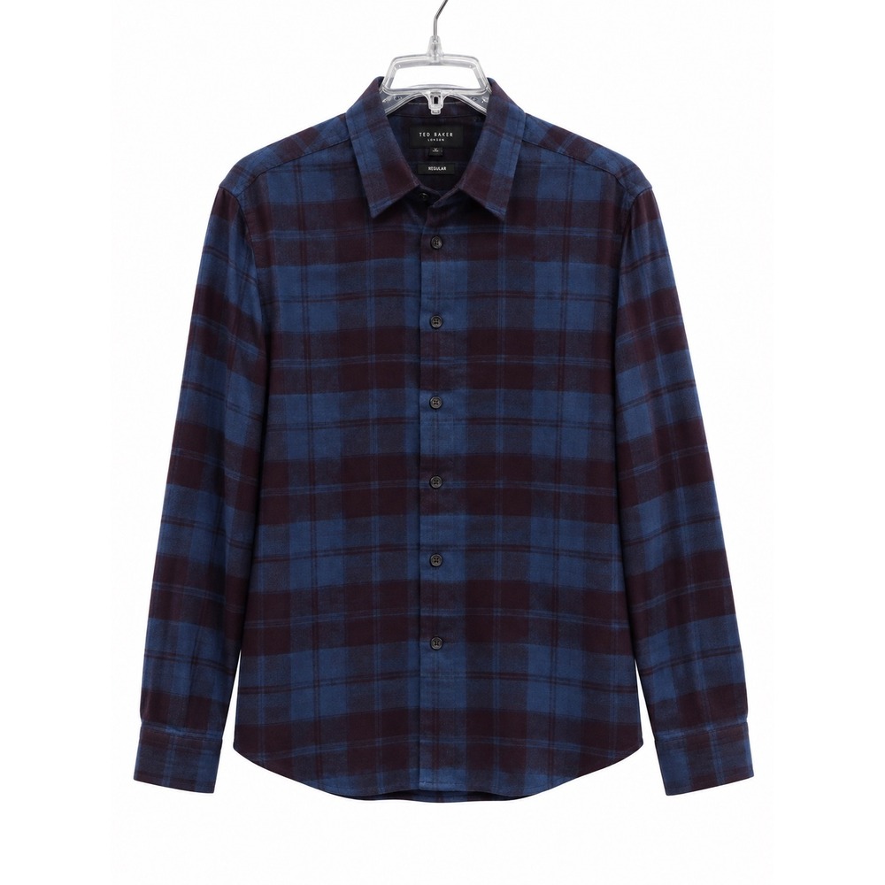 Ted Baker London Abacus Mens 3 M Blue Plaid Flannel Shirt Regular Fit LongSleeve
